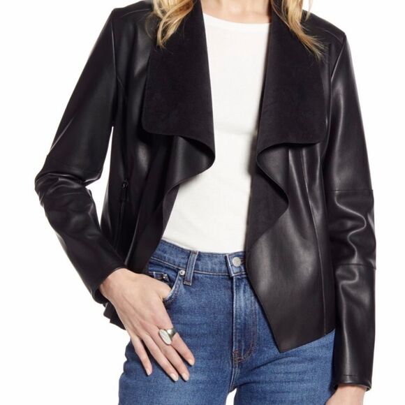 Halogen Black Faux Leather Open Front Waterfall Jacket Size Small - Picture 11 of 13
